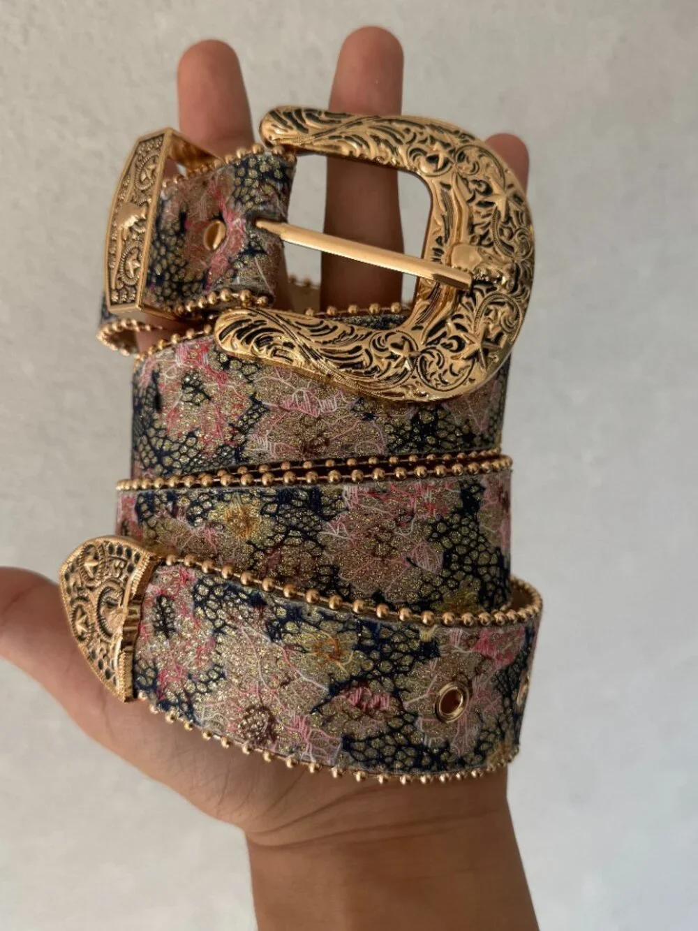 Pink Floral Jacquard Gold Western Buckle Belt